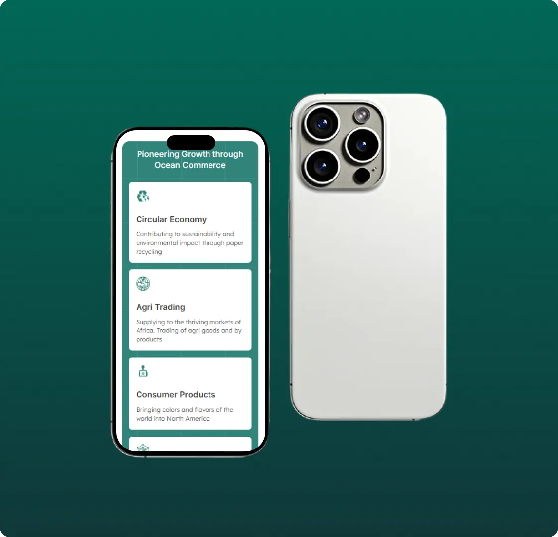 Two phones on a dark green background. The left one shows the mobile home page with stacked cards for the operating businesses, the right one is face down.