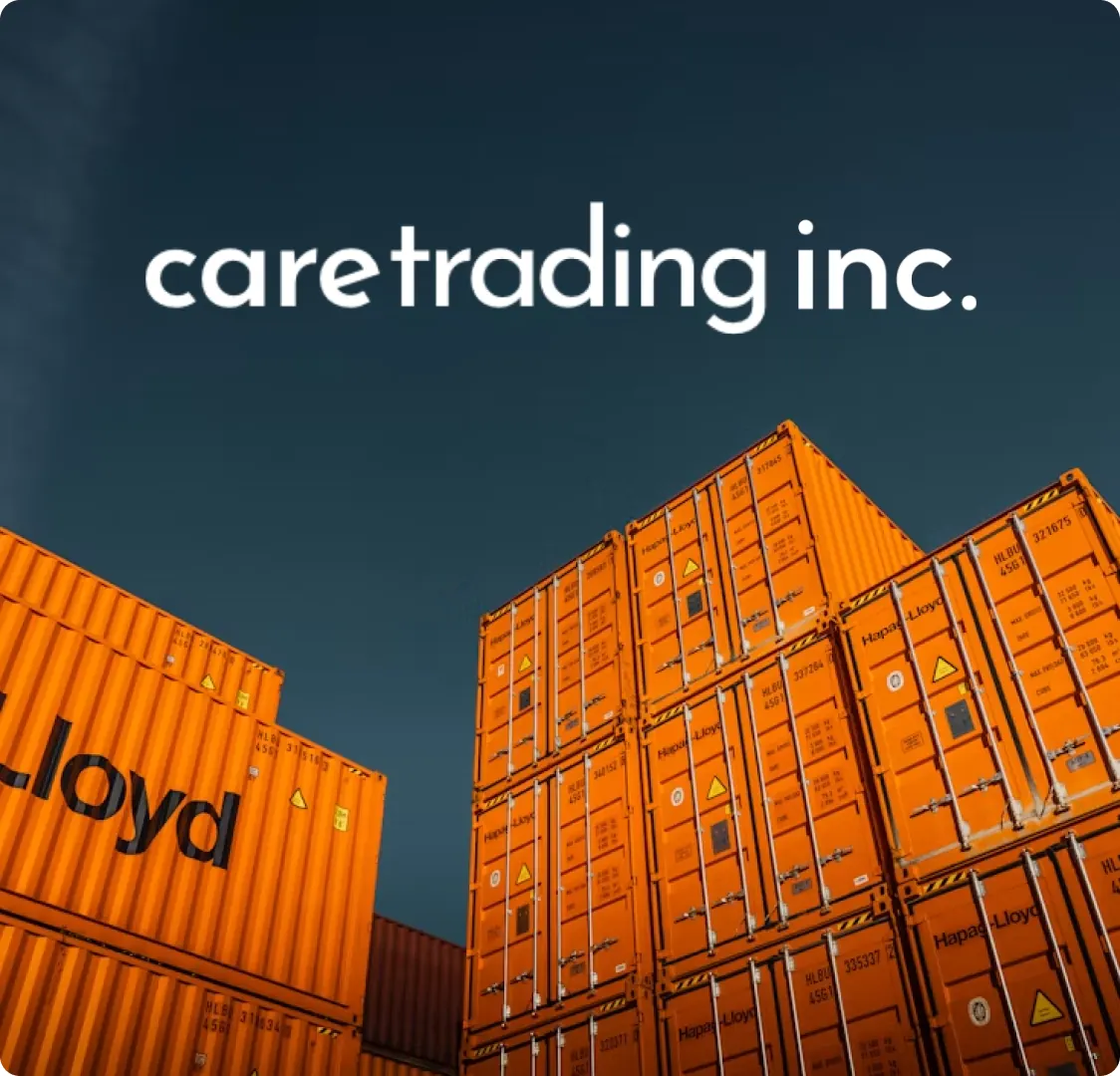 The Care Trading wordmark in white above a photograph of stacked orange shipping containers.