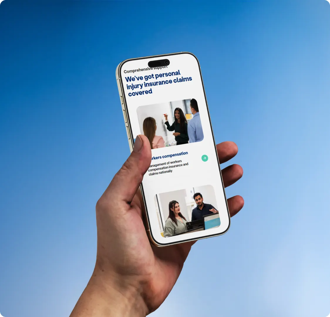 A hand holding a phone showing the EML personal injury claims section, with cards for the different claim types.