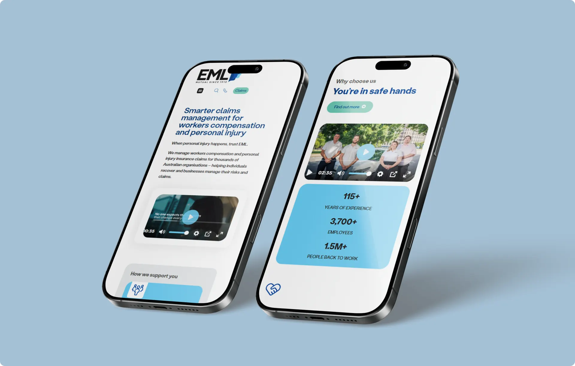 Two phones at an angle. One shows the EML mobile home page, the other a why choose us section with a video and a statistics panel.
