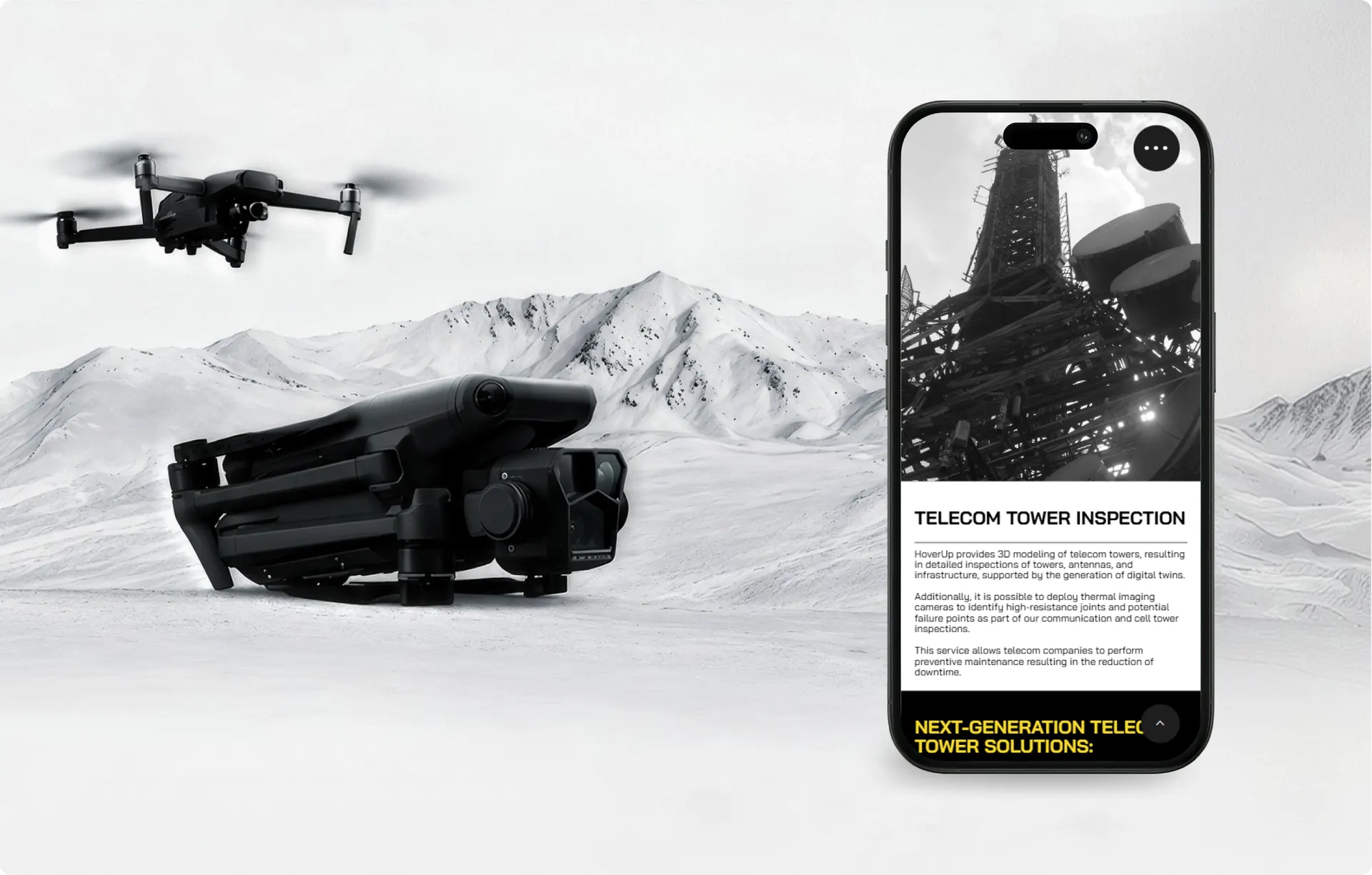 A drone and a phone against a snowy mountain backdrop. The phone shows the telecom tower inspection page.