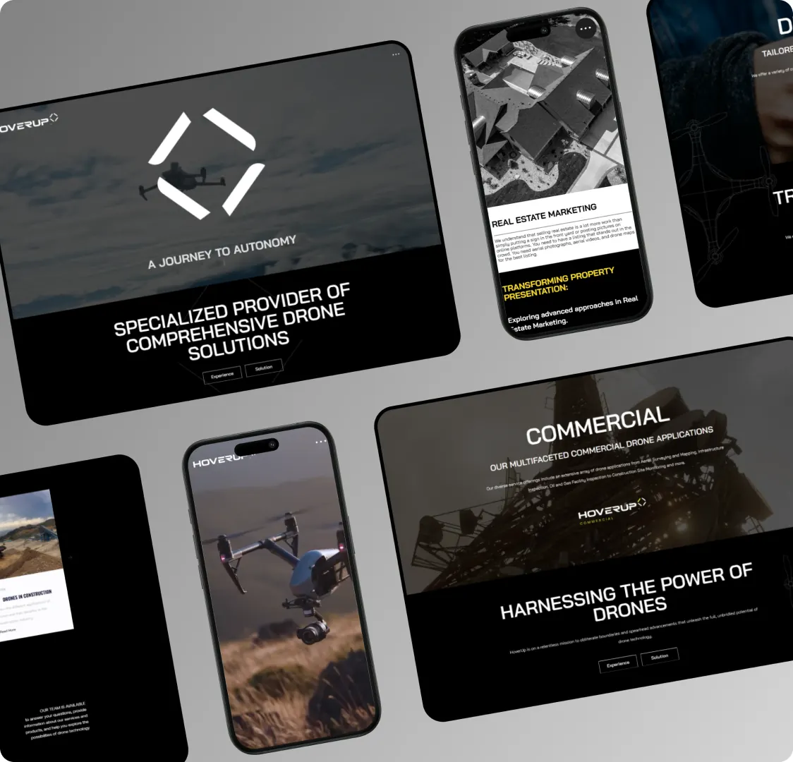 Six Hover Up screens laid out at an angle: the desktop home page, three mobile service pages and the commercial section header.