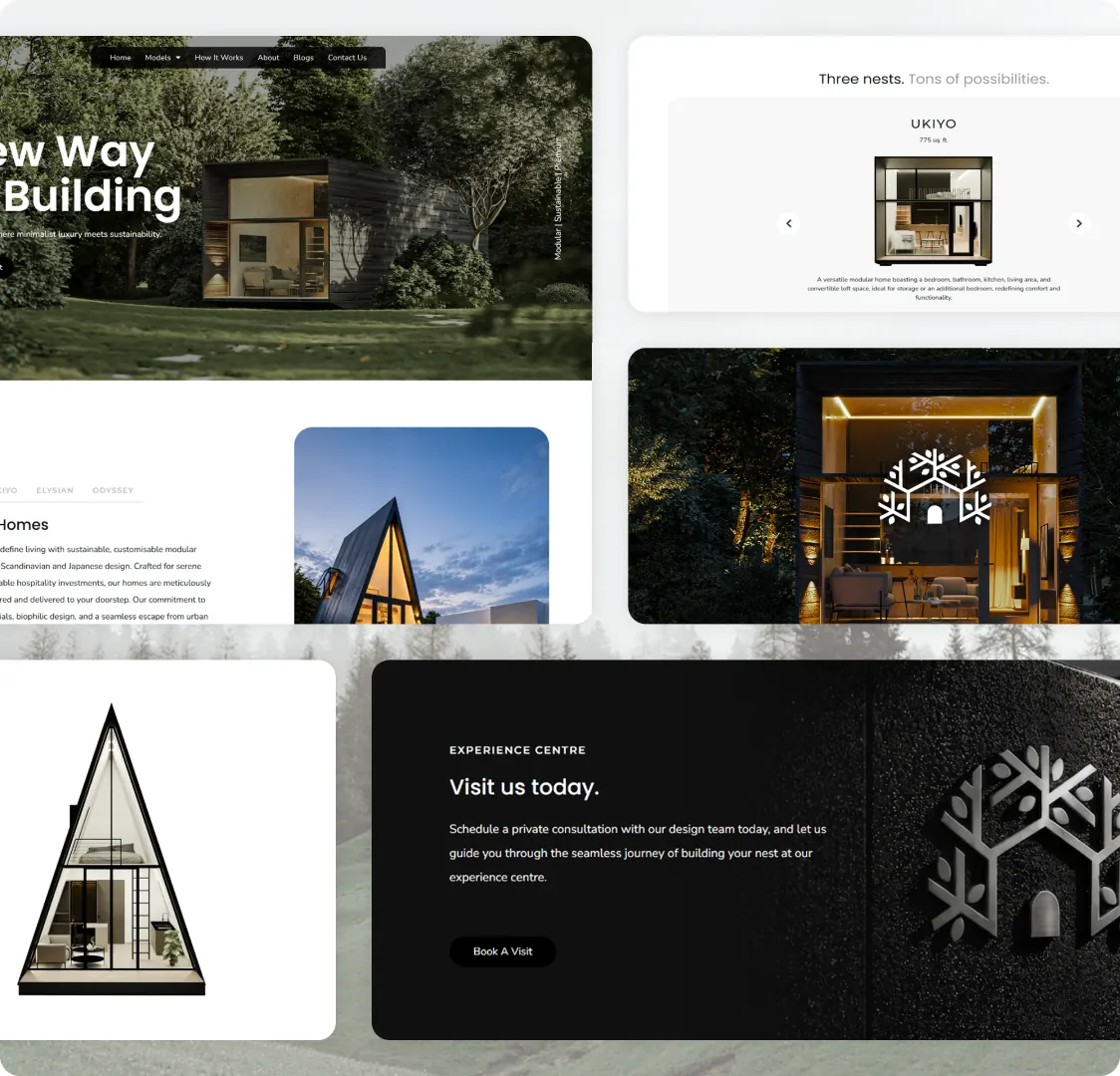 Four parts of the Nestable site overlapping: the top of the homepage, the model carousel, a night photo of a lit cabin and the Book A Visit block.