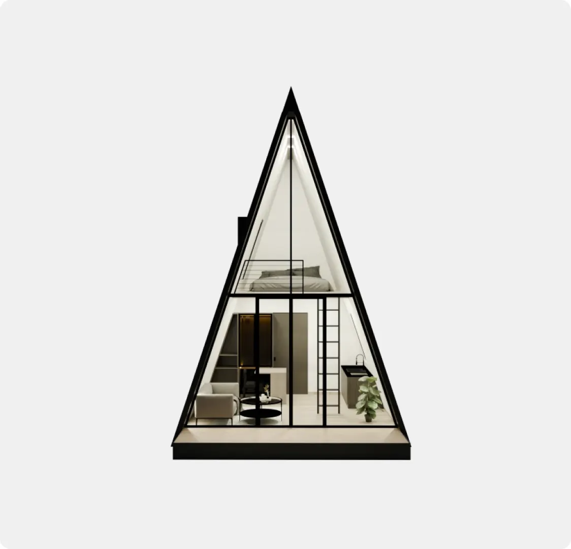 A cutaway render of the A-frame model on a plain background, showing the loft bed, the kitchen and the ladder between them.