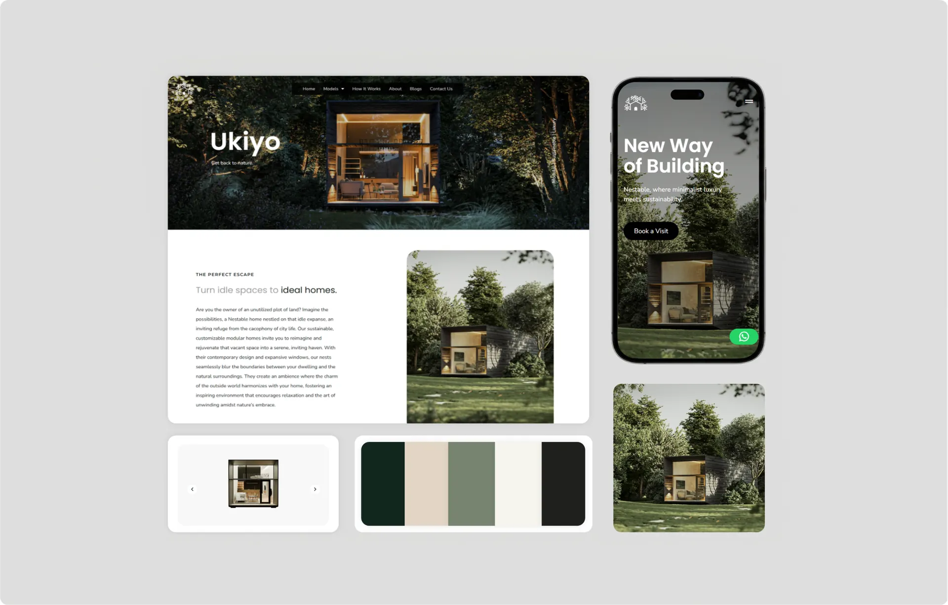 The Nestable Ukiyo model page on desktop next to the homepage on a phone, with a strip of the five brand colours underneath.
