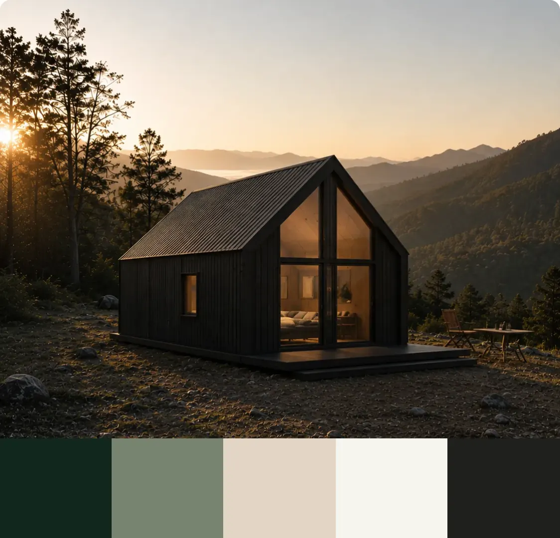 A dark timber cabin on a ridge at sunrise, with the site's colour strip running across the bottom.