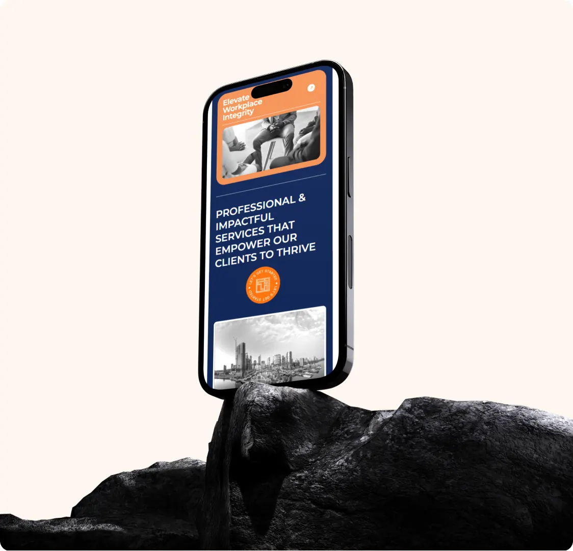 The site on a phone: an orange service card at the top, a navy section with a heading in capitals, a round Let's Get Started badge, and a city photo below it.