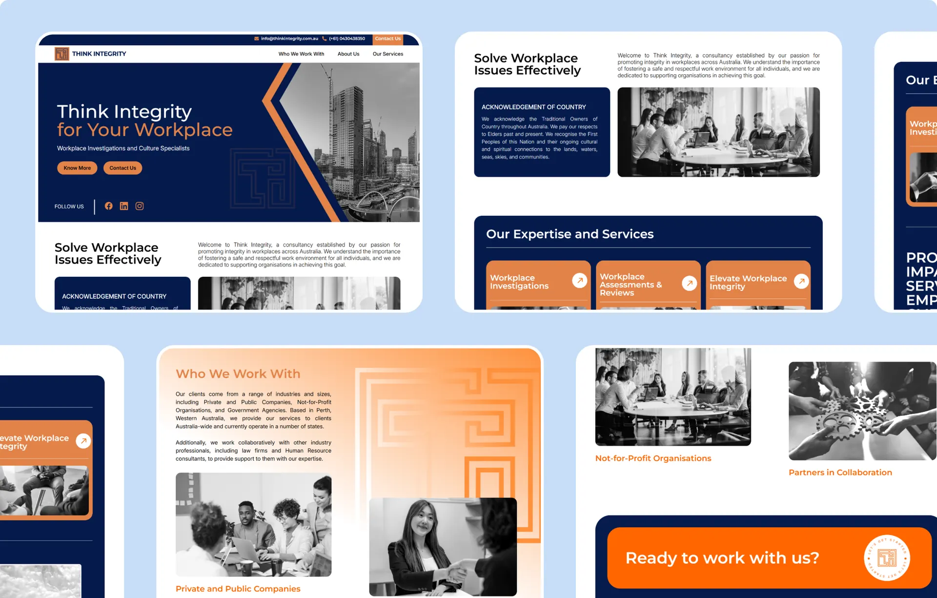 Several pages of the site laid out together, including the homepage, the expertise and services cards, the Who We Work With section and the closing Ready to work with us panel.