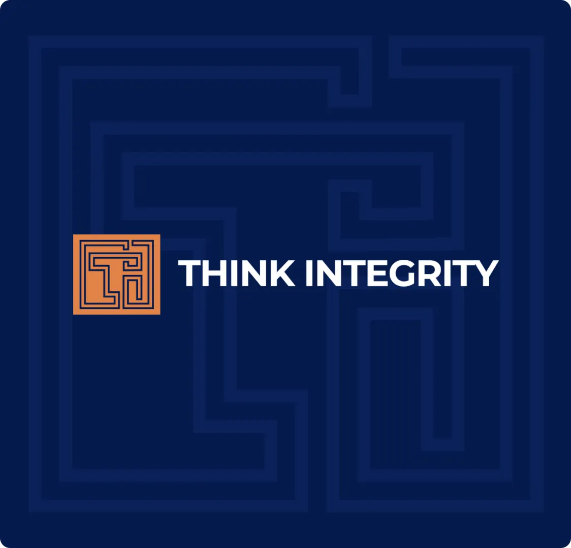 The Think Integrity logo and name in white on navy, with the same monogram enlarged behind it.