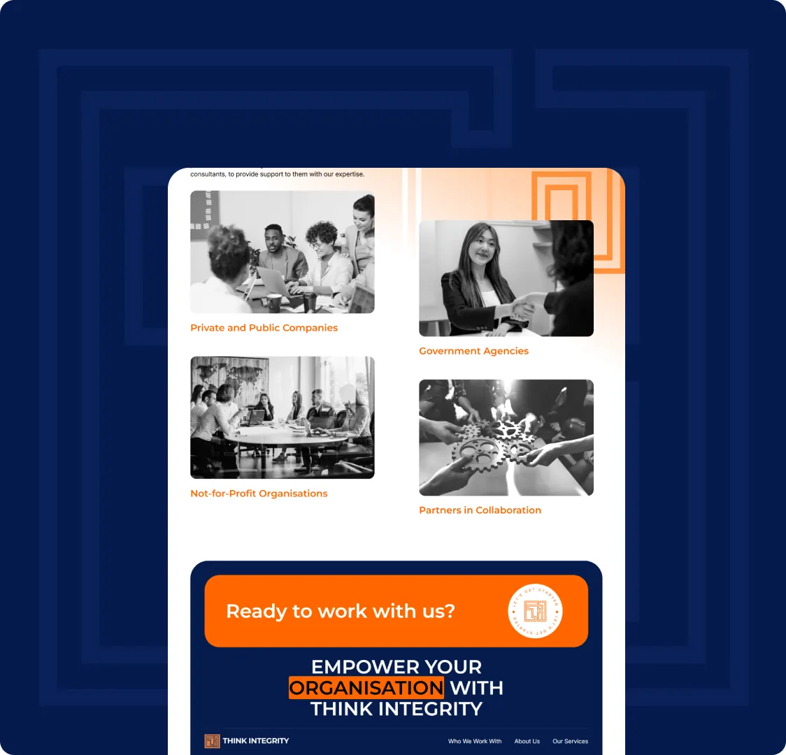 The Who We Work With grid: four black and white photos labelled Private and Public Companies, Government Agencies, Not-for-Profit Organisations and Partners in Collaboration, with the closing panel below them.