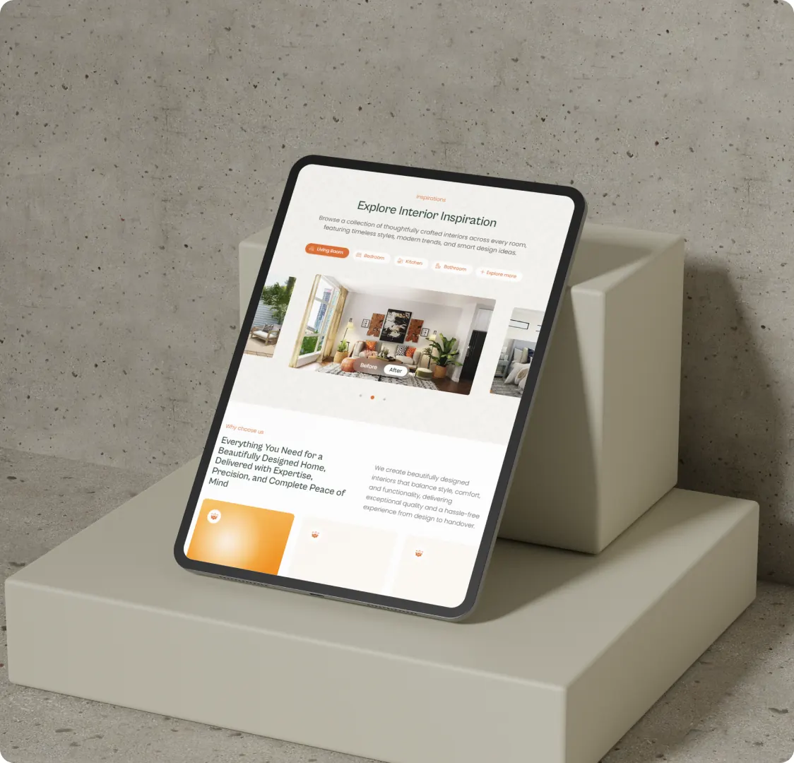 A tablet propped against a plinth showing the inspiration section, with room filter buttons, a before and after toggle over the photo, and a why choose us block below it.