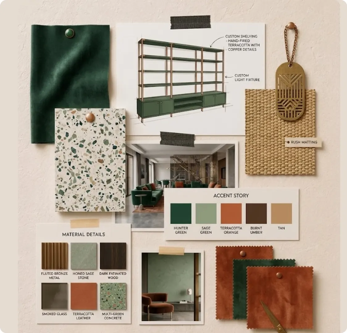 A flat lay mood board of fabric, stone and timber samples with a colour palette card and a pencil sketch of custom shelving.