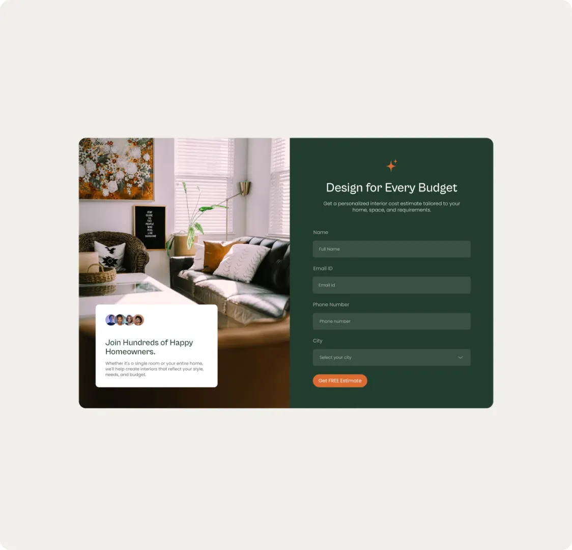 The Tranquil Decor estimate block: a photo of a living room on the left and a dark green form on the right asking for name, email, phone and city, with a Get FREE Estimate button.