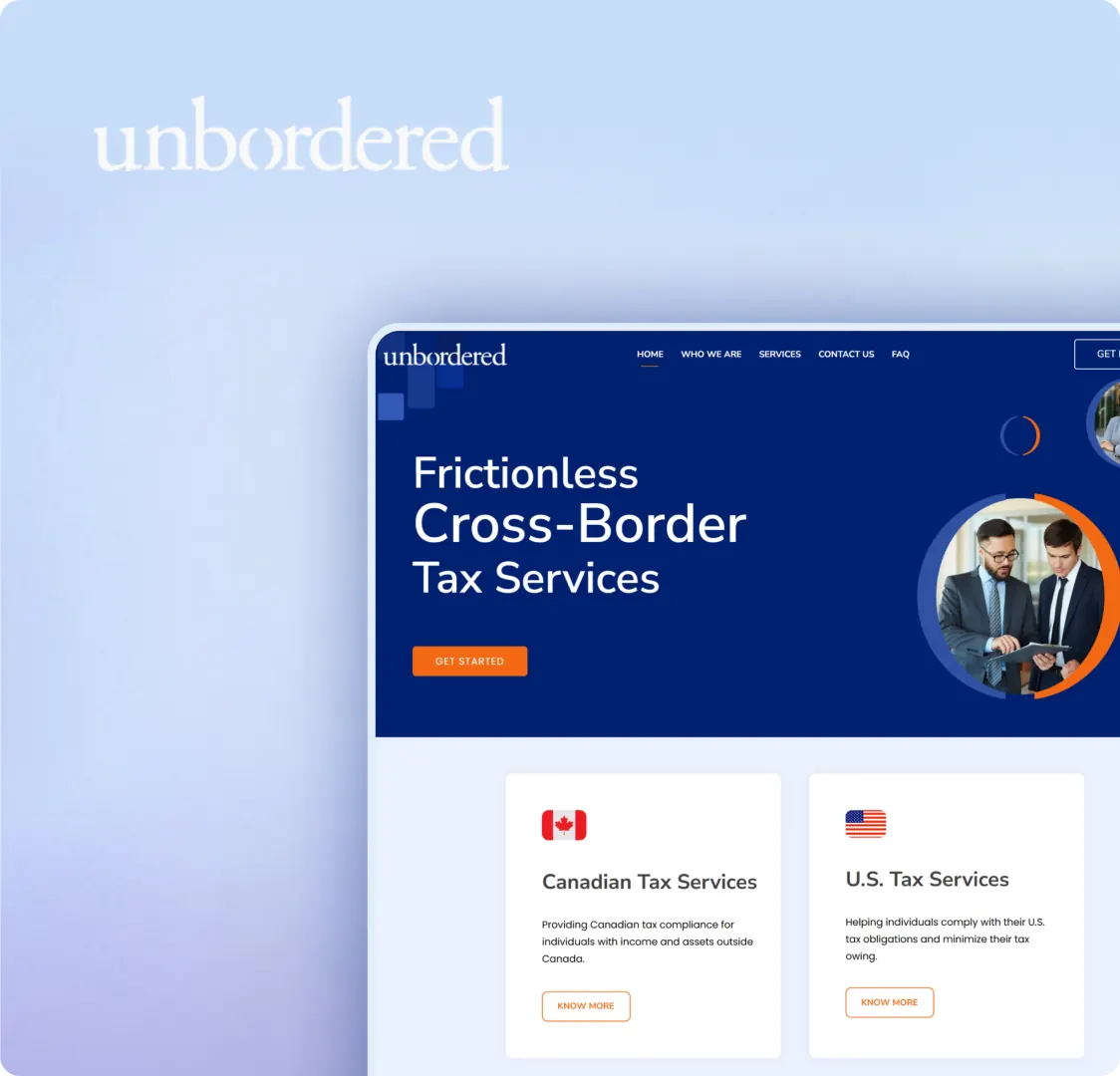 The unbordered wordmark on a pale blue field, with the homepage below it showing the hero headline, the Get Started button and two service cards.