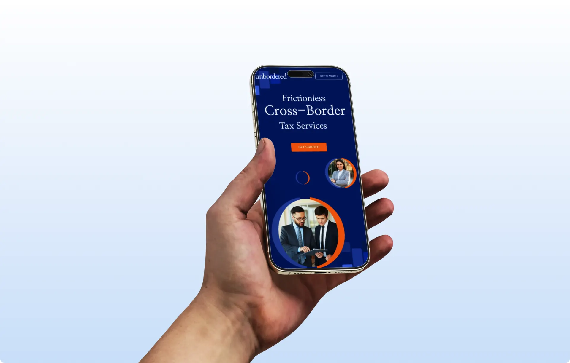 A hand holding a phone showing the unbordered mobile homepage, with the headline, the Get Started button and two circular photographs below it.