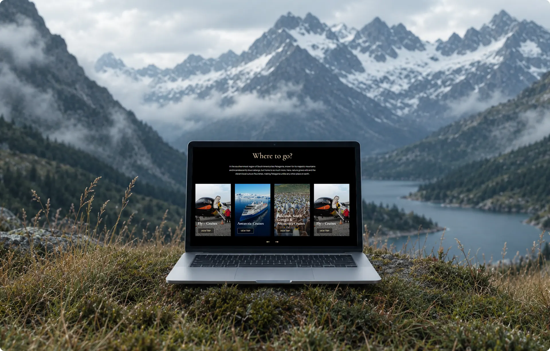 A laptop on a grassy ridge showing the Venture Where To Go section, with four trip cards and their View Trip buttons.