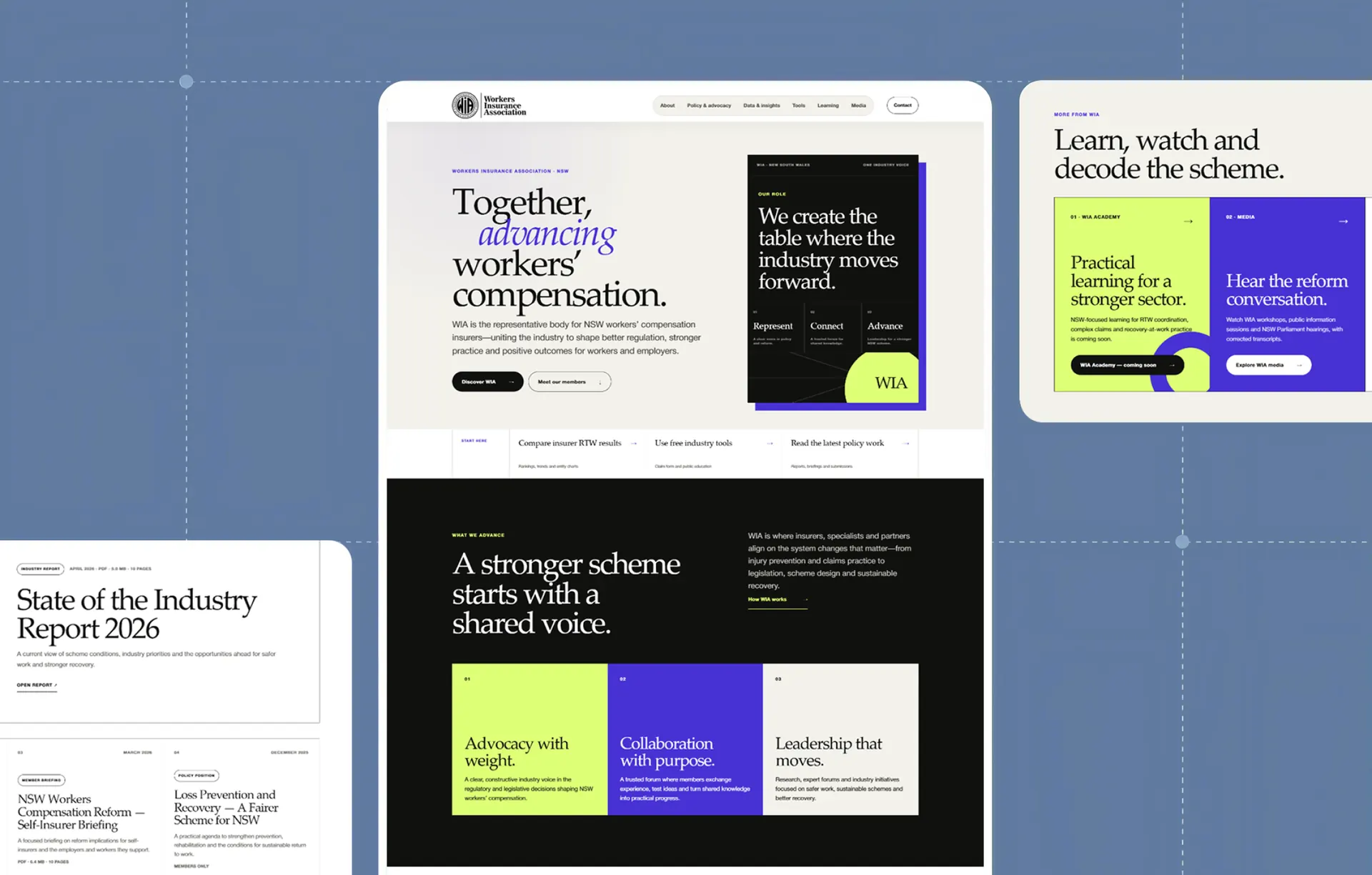 Several screens of the Workers Insurance Association site laid out on a blue grid: the home page, the learning section and two publication cards.