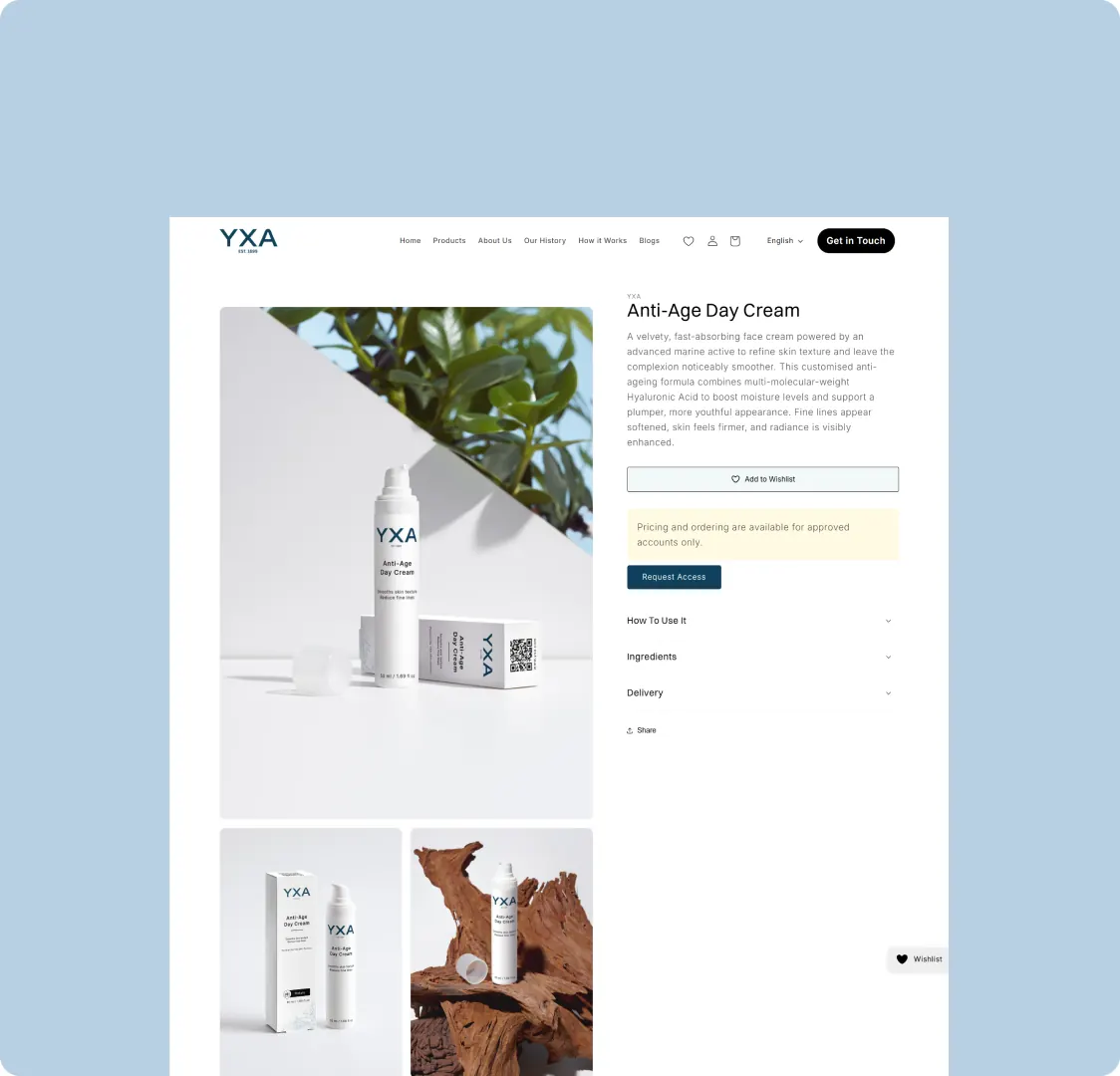 A product page for a skincare cream, with the product description, an Add to Wishlist button and a note that pricing and ordering are open to approved accounts only.