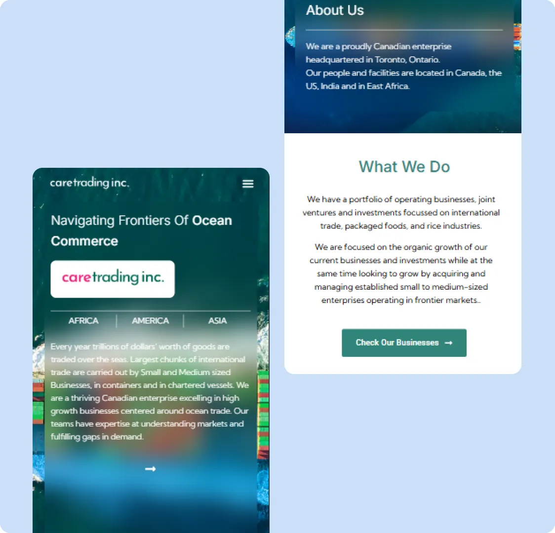 Two mobile screens of the Care Trading site side by side: the top of the home page, and the About Us page with a Check Our Businesses button.