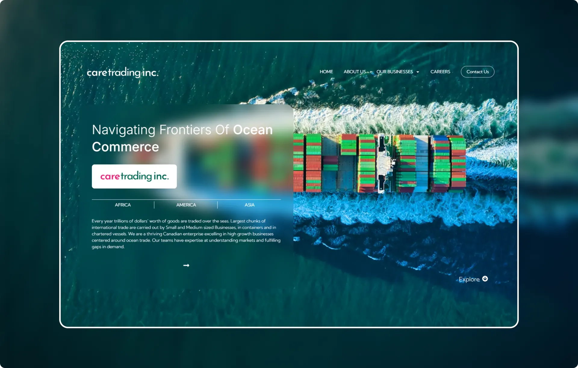 The home page on a wide screen, with the headline over an aerial photo of a loaded container ship and three region tabs under the brand card.