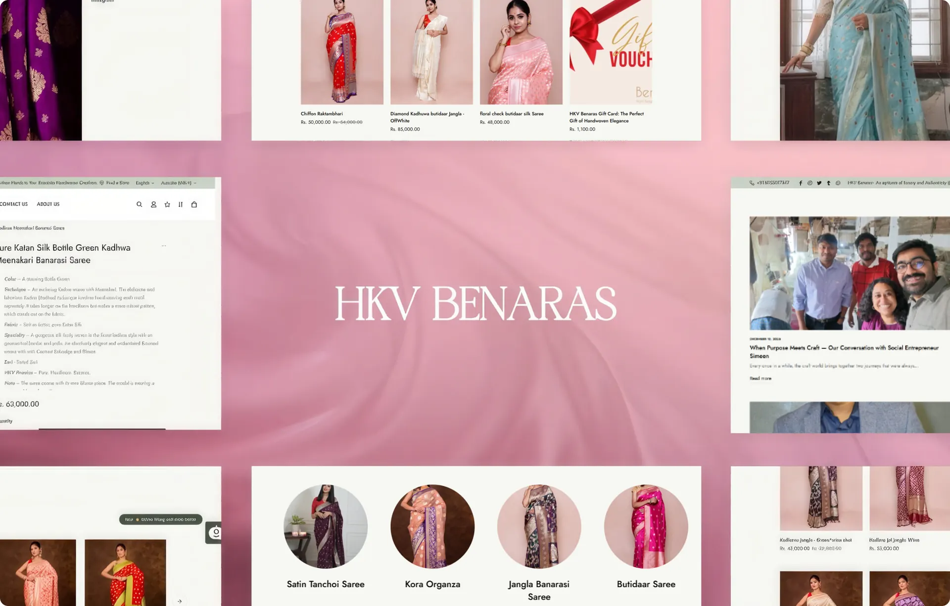 Sections of the HKV Benaras site laid out around the wordmark, including a product page with its spec list, the blog index and a row of round category thumbnails.