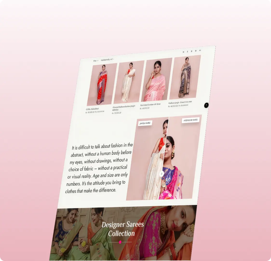 A tilted browser window showing a four-up HKV Benaras product grid, a pull quote about fashion, and the Designer Sarees Collection banner below it.