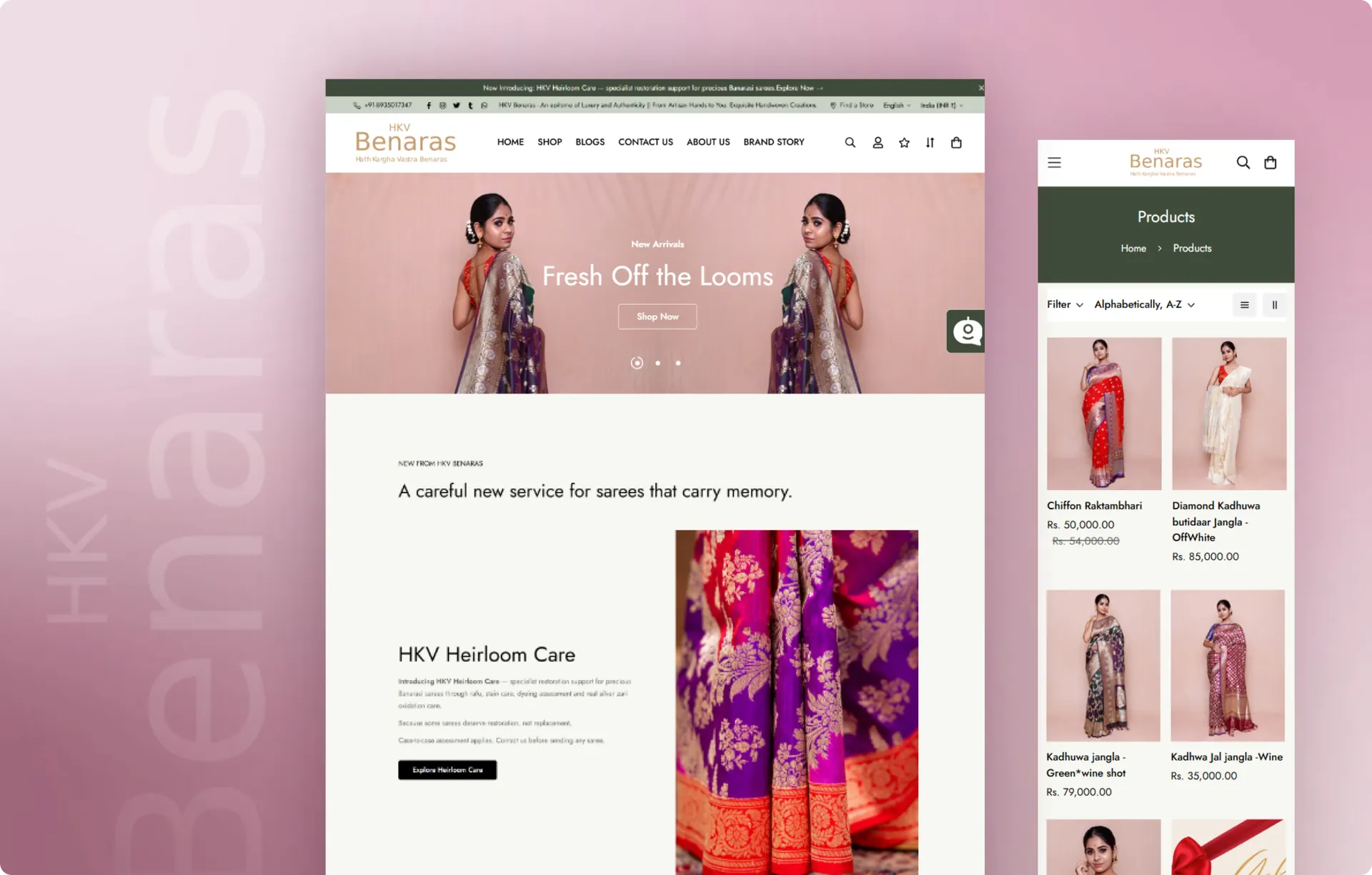 The HKV Benaras homepage in a desktop browser next to the same site's Products page on a phone.