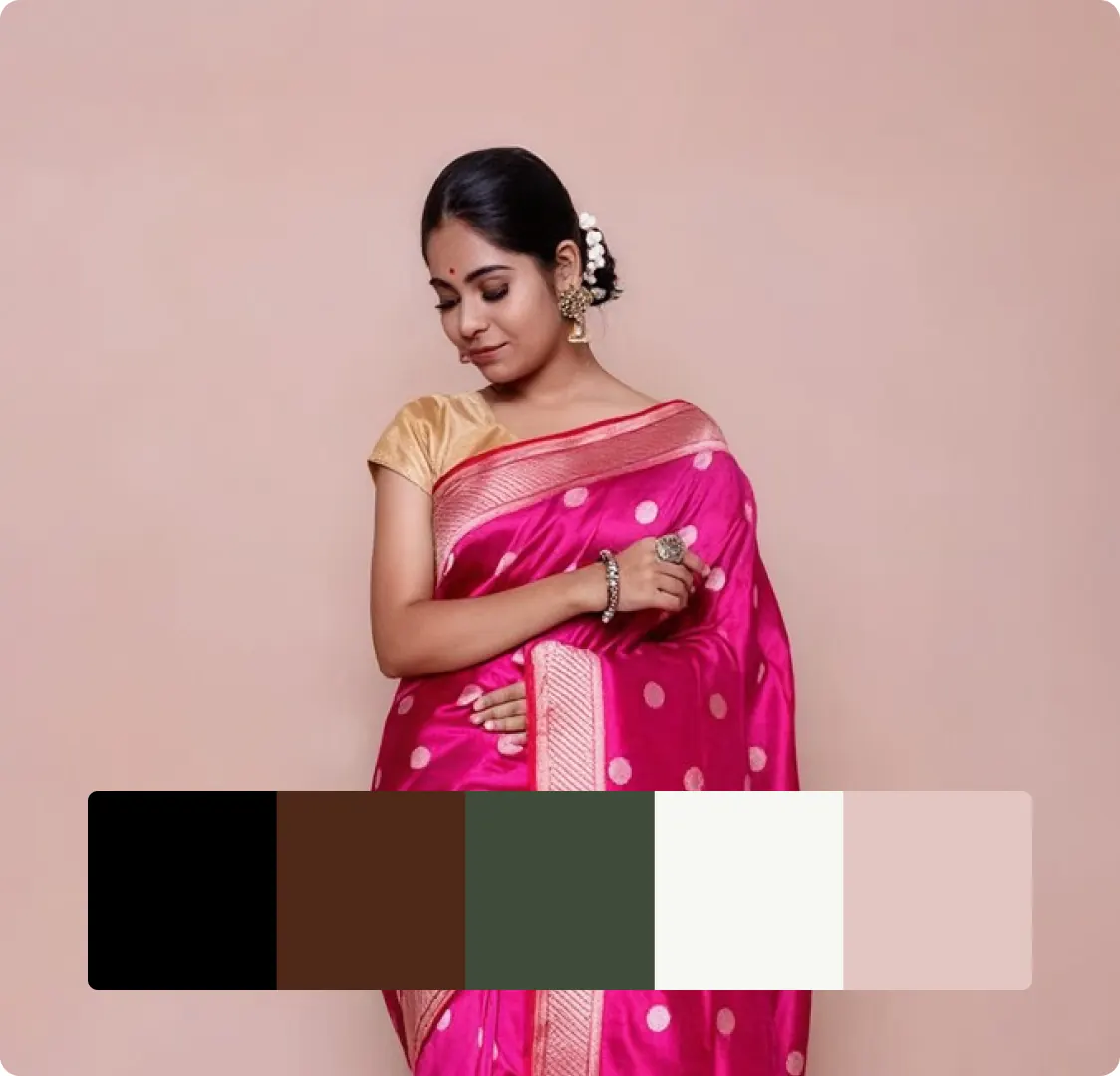 A model in a pink saree with the site's five colour swatches across the bottom: black, brown, dark green, off-white and blush.