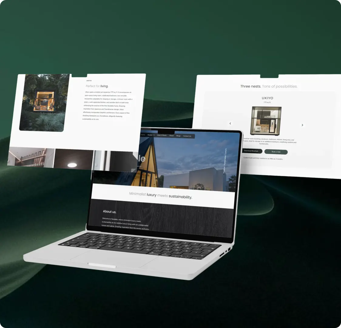 An open laptop with two Nestable page crops floating behind it: a model detail page and the model carousel.