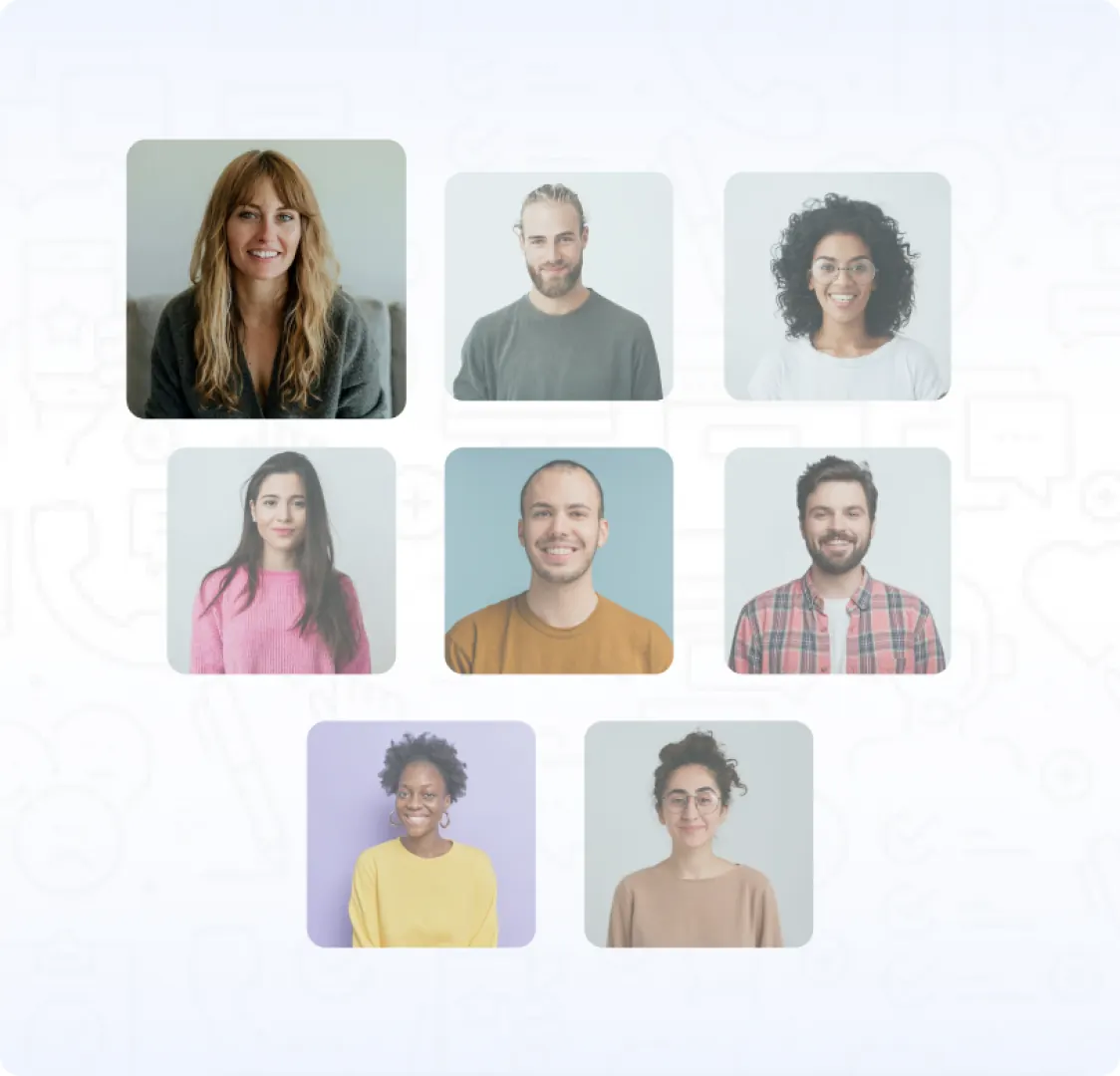 A grid of nine client headshots on a pale background with faint line icons behind them.