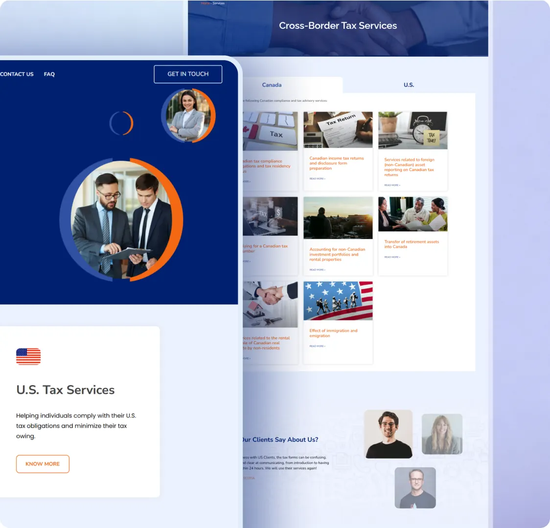 The unbordered services page with its two tabs and a grid of service cards, layered over the site header and a single service card.