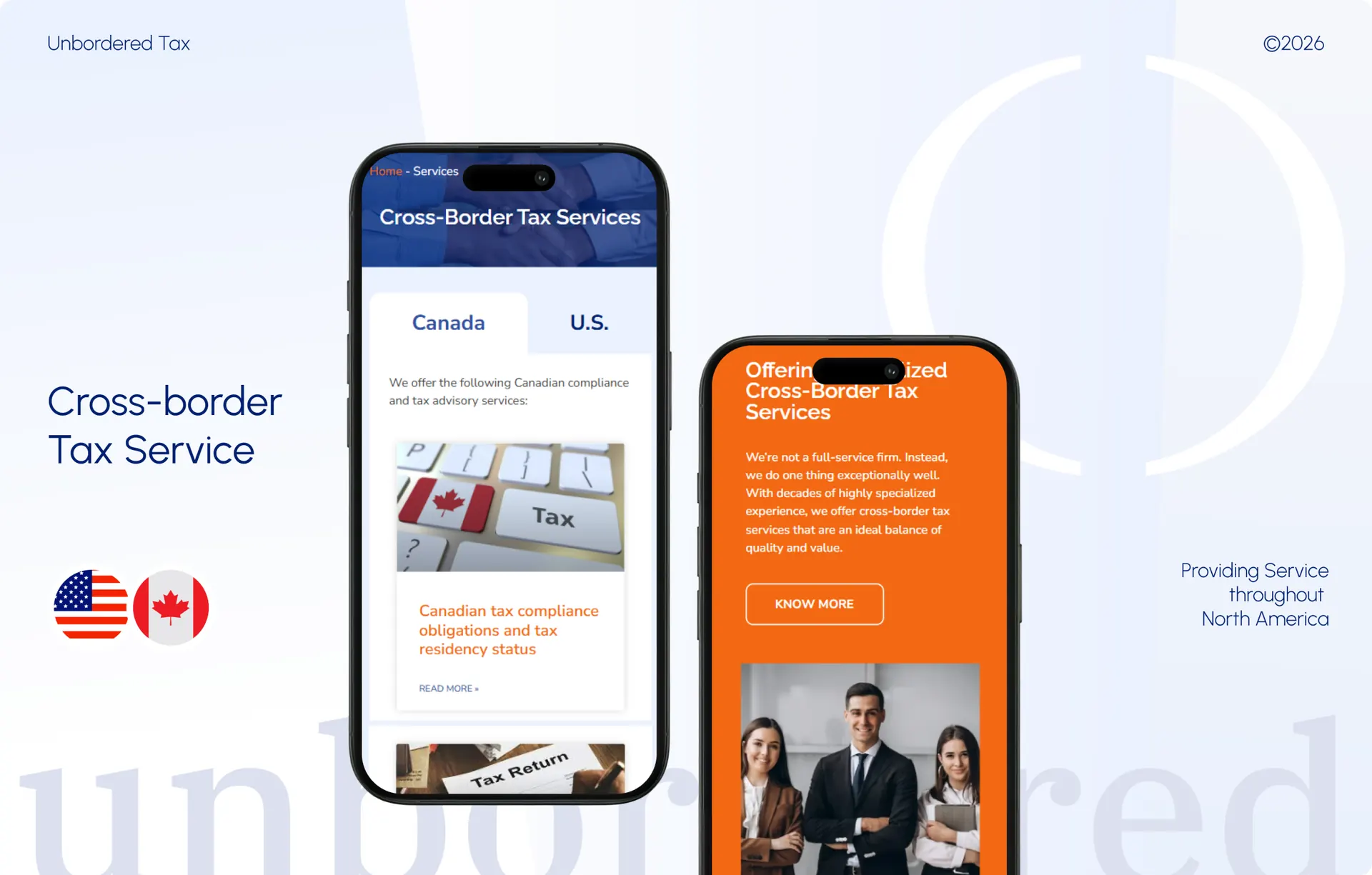Two phones side by side showing the Unbordered site, one on the services page with its country tabs and one on the cross-border tax section.