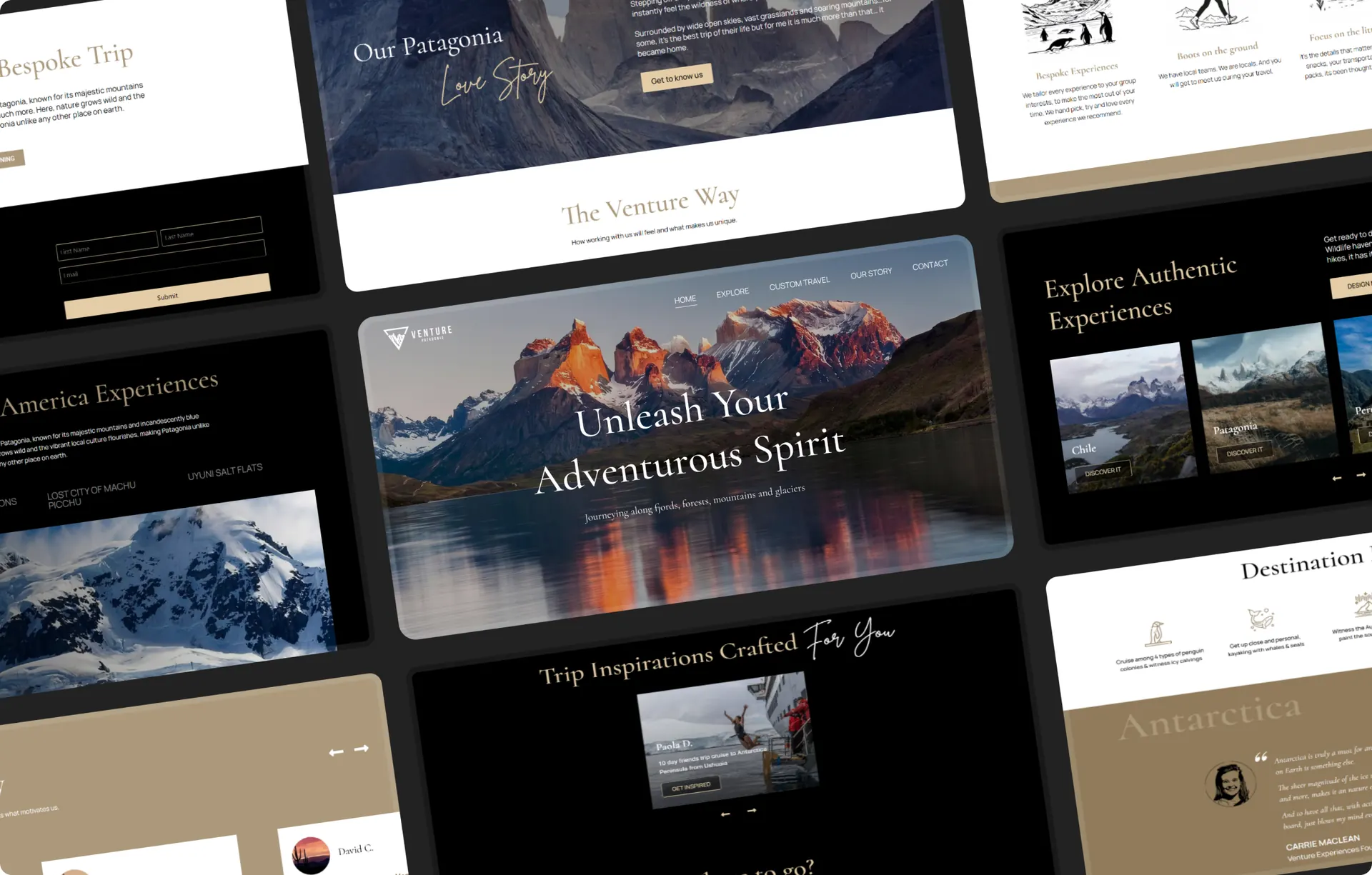 Sections of the Venture site arranged at an angle around the homepage, including the story page, an icon row, a contact form and destination cards.