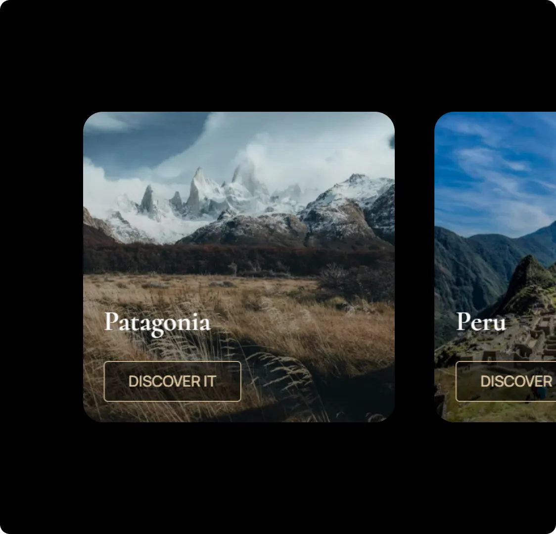Two destination cards from the Venture site on a black background, each with a photograph, a place name and a Discover It button.