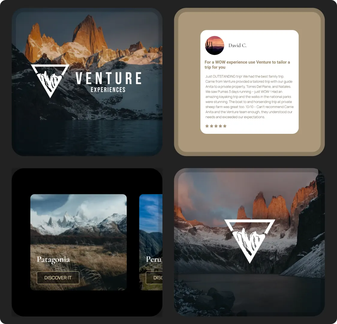 Four Venture tiles: the logo lockup, a five-star customer review, a pair of destination cards, and the logo mark over a mountain photograph.