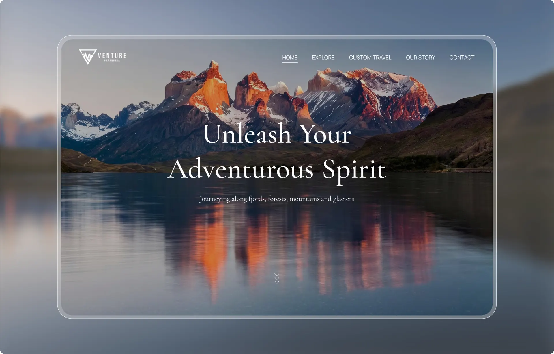 The Venture homepage hero, a mountain range reflected in still water, with the navigation across the top and the headline over the middle.