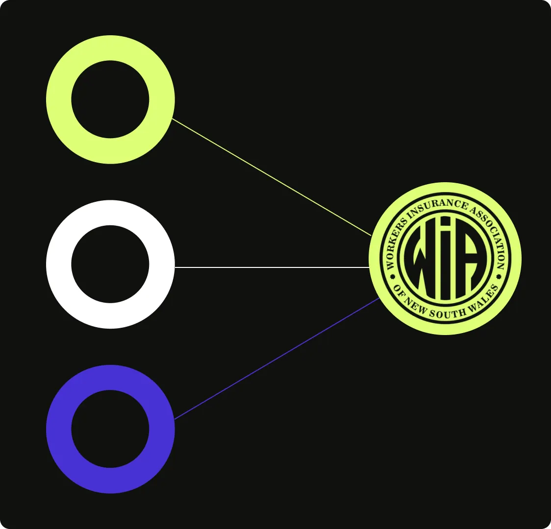 The circular seal in lime on black, with three coloured rings joined to it by thin lines.