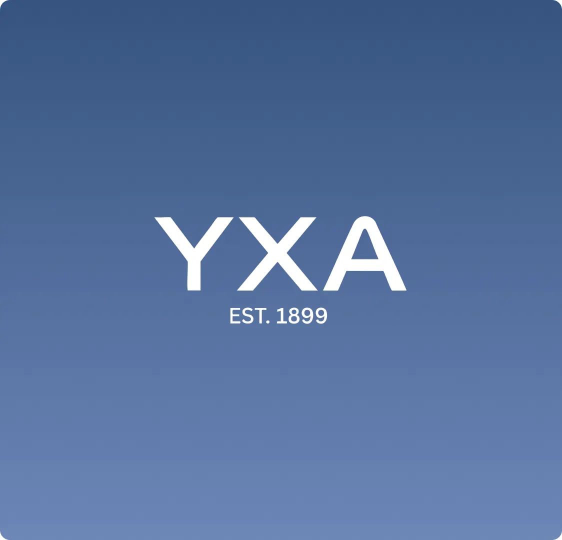 The YXA wordmark with EST. 1899 beneath it, white on a blue gradient.
